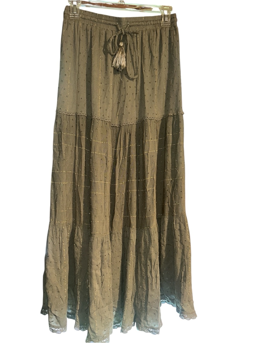 Solitaire Green Bohemian Maxi Skirt with Gold Embellishments | Size Small